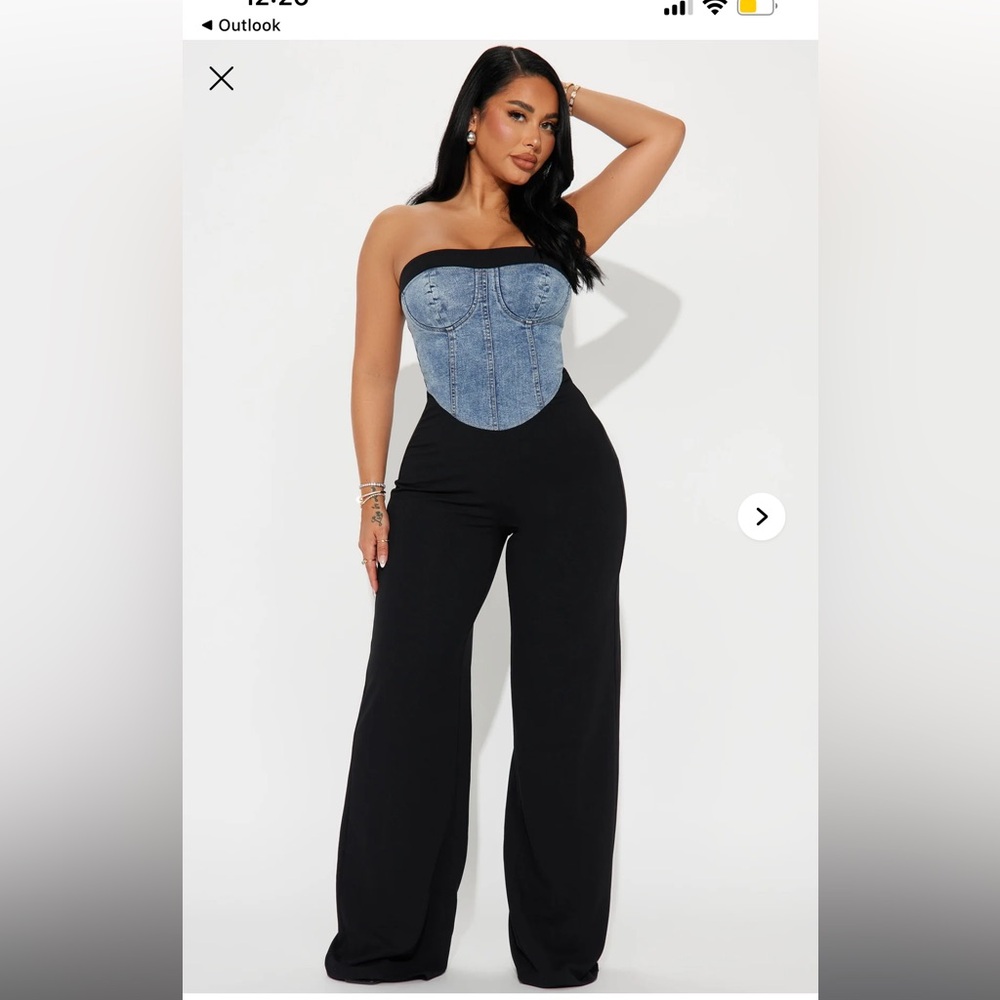 NEVER WORN! STILL HAS TAGS! Fashion Nova Black Fancy Denim Wide-Leg Jumpsuit